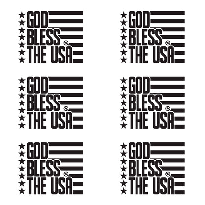 Black 4.75 inch decal 6 pack with 'GOD BLESS THE USA' stars and stripes design.
