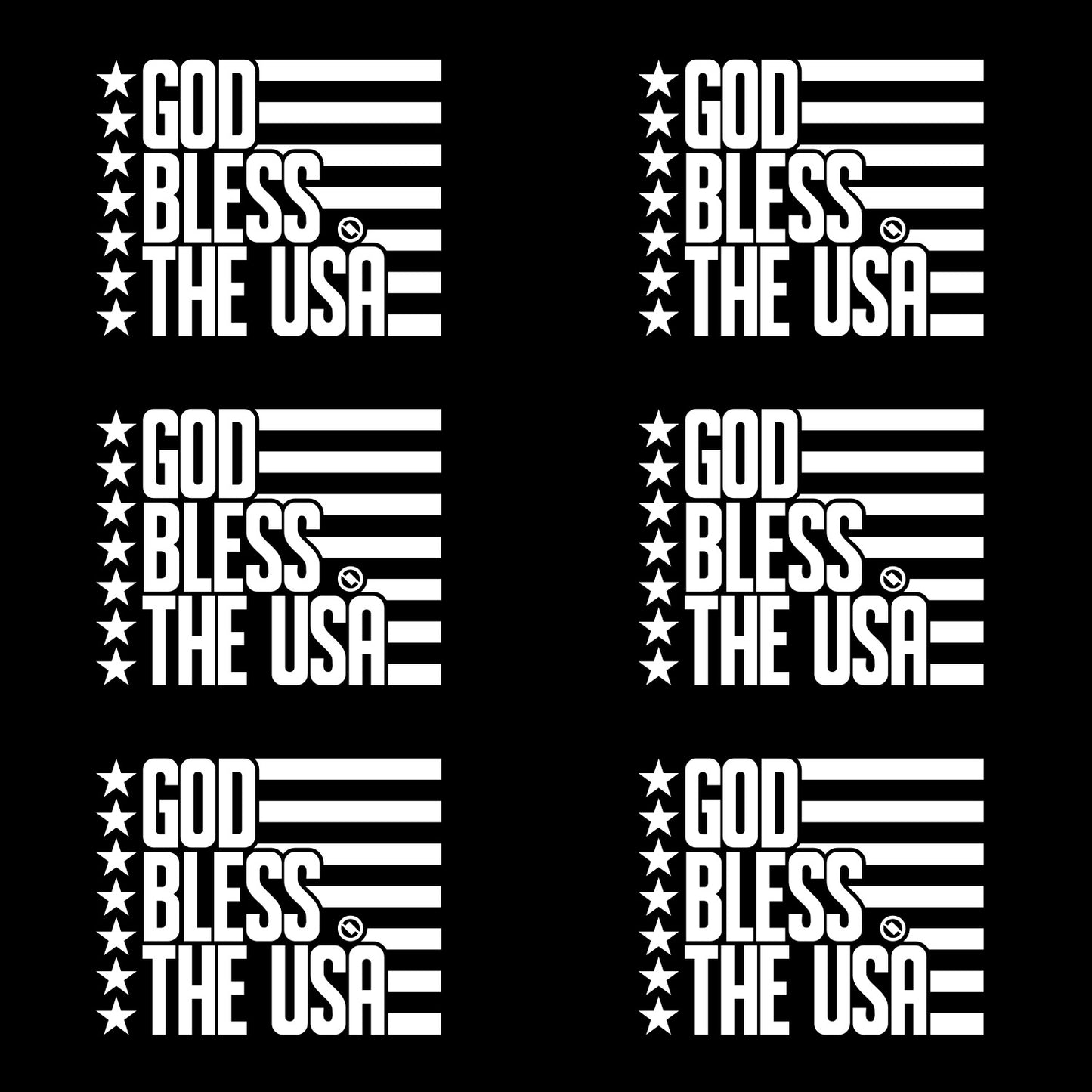 White 4.75 inch decal 6 pack with 'GOD BLESS THE USA' stars and stripes design.