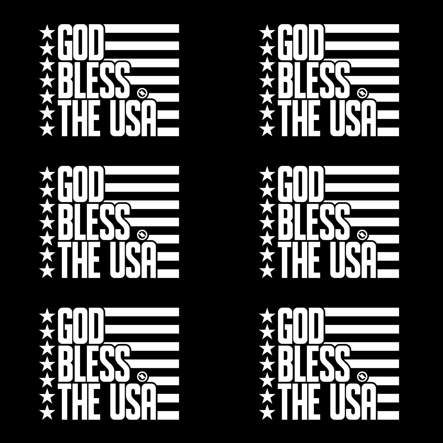 White 4.75 inch decal 6 pack with 'GOD BLESS THE USA' stars and stripes design.