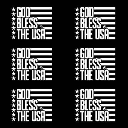 White 4.75 inch decal 6 pack with 'GOD BLESS THE USA' stars and stripes design.