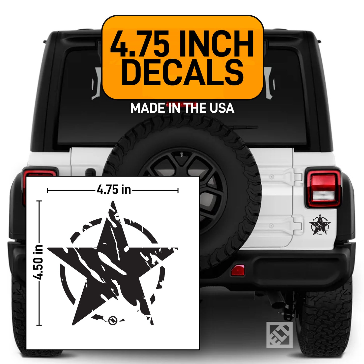 Distressed star design decal on a vehicle with size dimensions and 'Made in the USA' text.