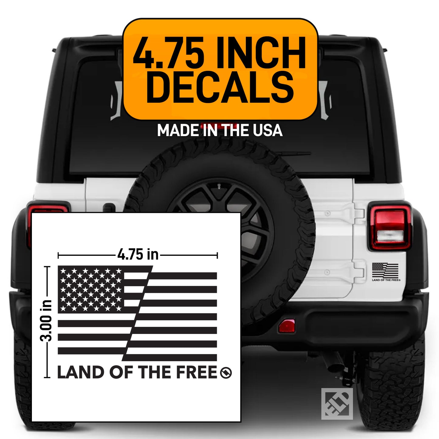 Land of the Free and Home of the Brave American flag black decals on a white Jeep