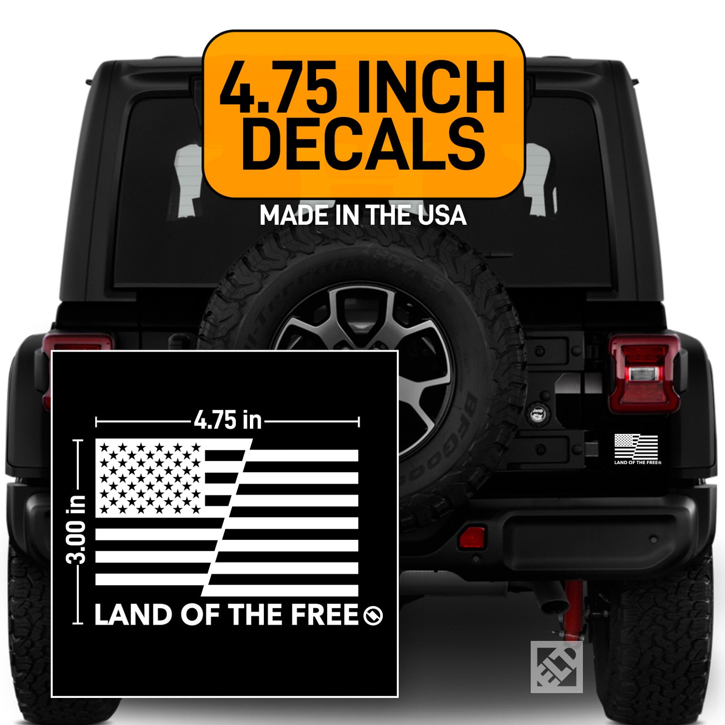 Land of the Free American flag white decals on a black Jeep