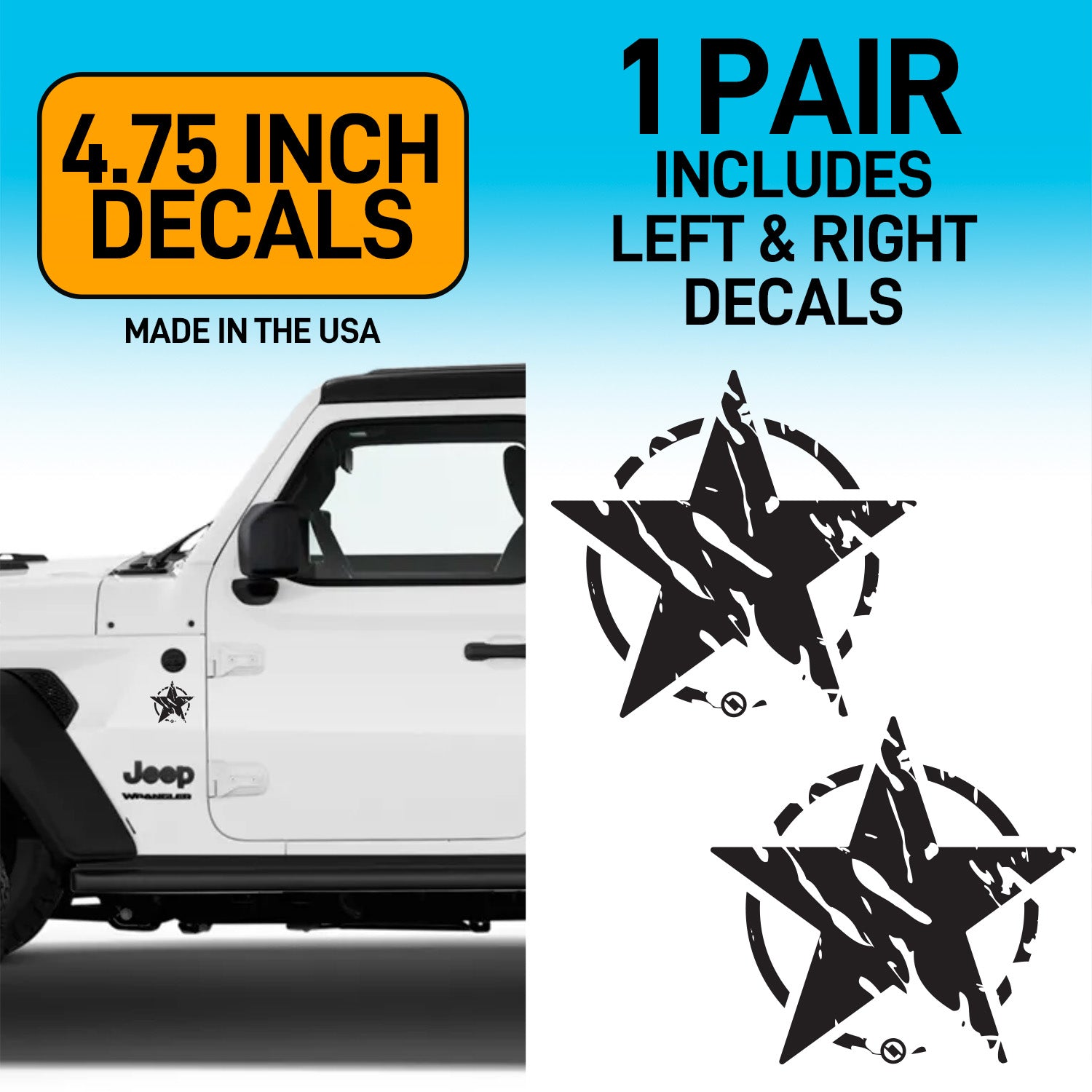 Distressed star design decals on a white Jeep with text about decal size and inclusion.