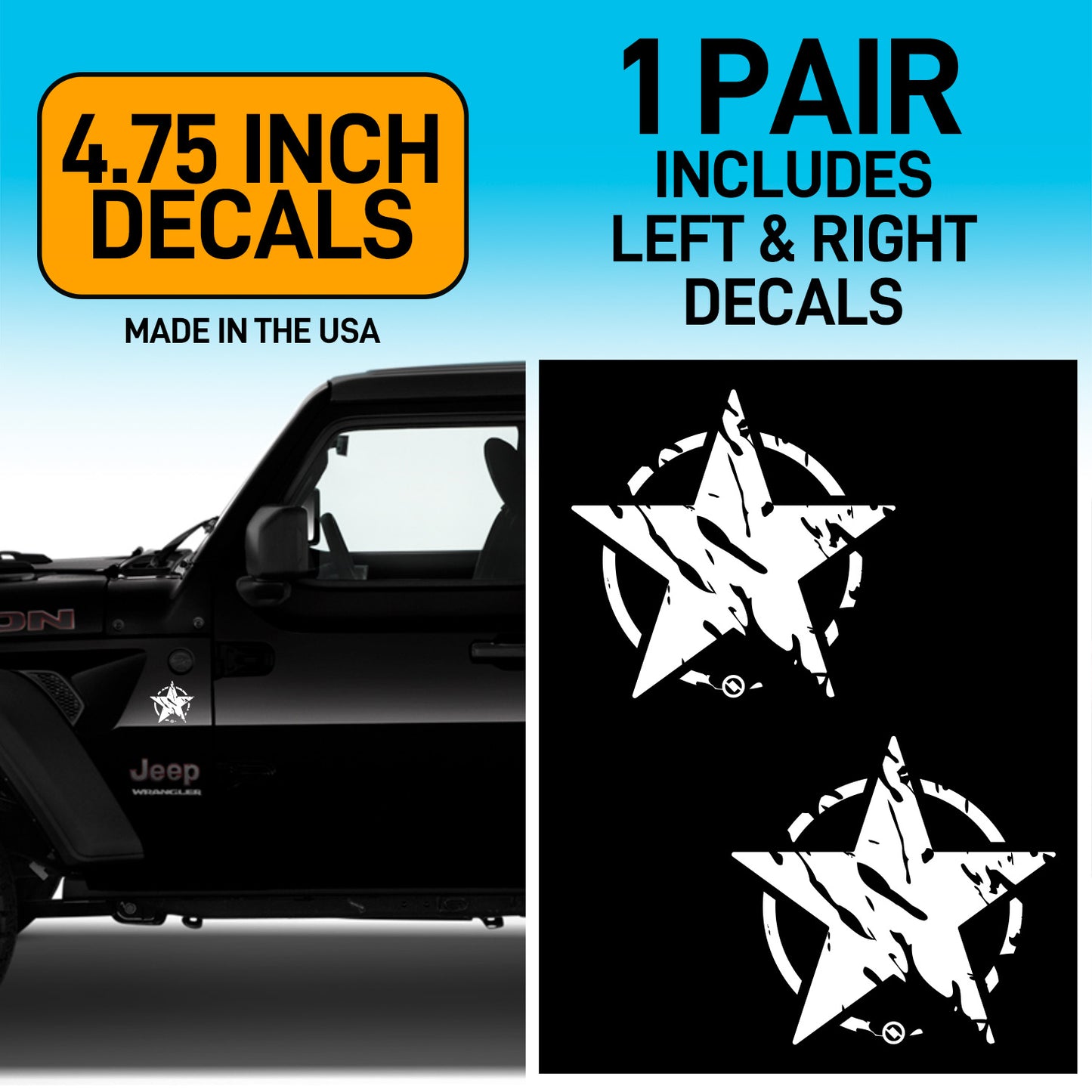 Distressed star design decals on a Jeep with text about decal size and inclusion.