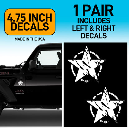 Distressed star design decals on a Jeep with text about decal size and inclusion.
