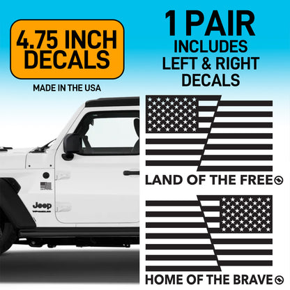 Land of the Free and Home of the Brave American flag black decals on a white Jeep