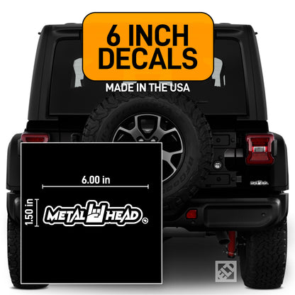 White 6 inch, Metalhead Horns Hand, vinyl decal on black Jeep.