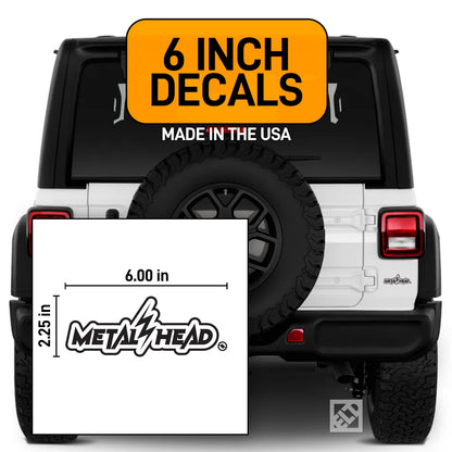 Black 6 inch, Metalhead Lightning  Bolt, vinyl decal on white Jeep.