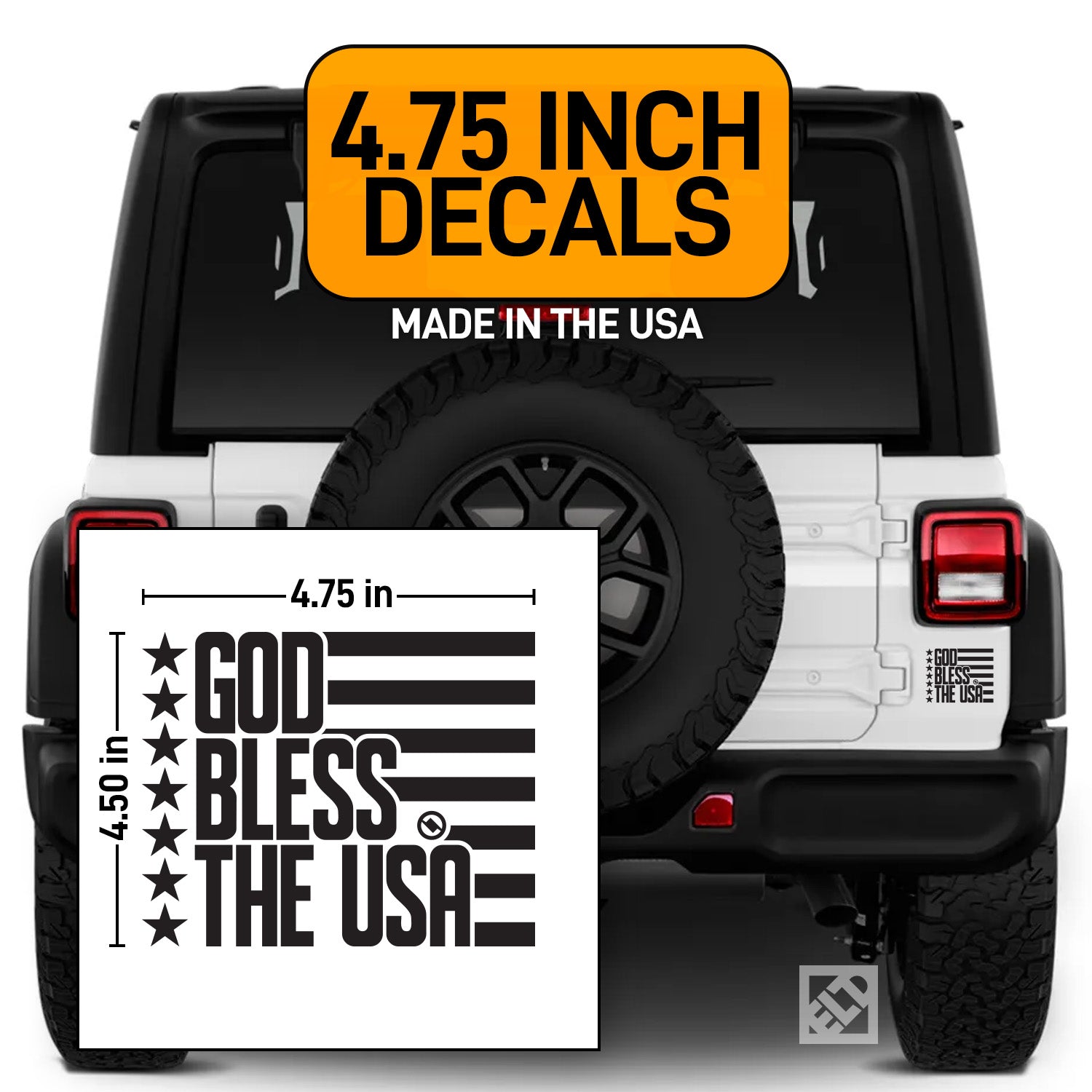 Black 4.75 inch decal with 'GOD BLESS THE USA' design displayed on a white Jeep.