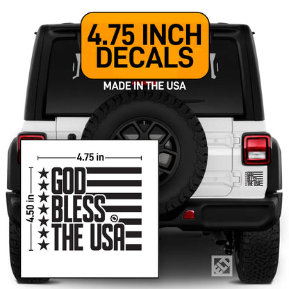 Black 4.75 inch decal with 'GOD BLESS THE USA' design displayed on a white Jeep.