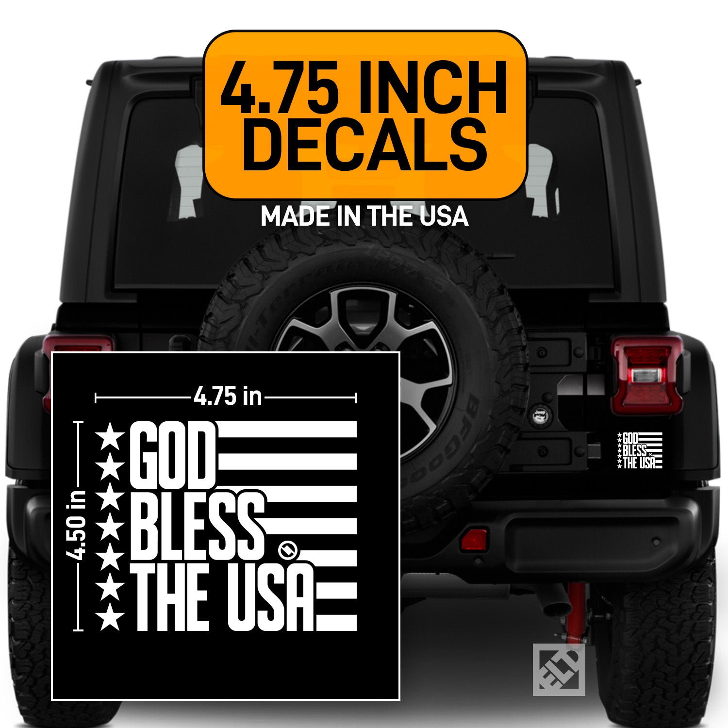 White 4.75 inch decal with 'GOD BLESS THE USA' design displayed on a Black Jeep.