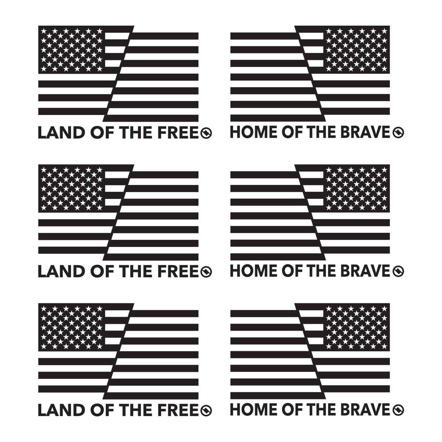 3 Pairs of Black American flag decals with 'Land of the Free' and 'Home of the Brave' text.