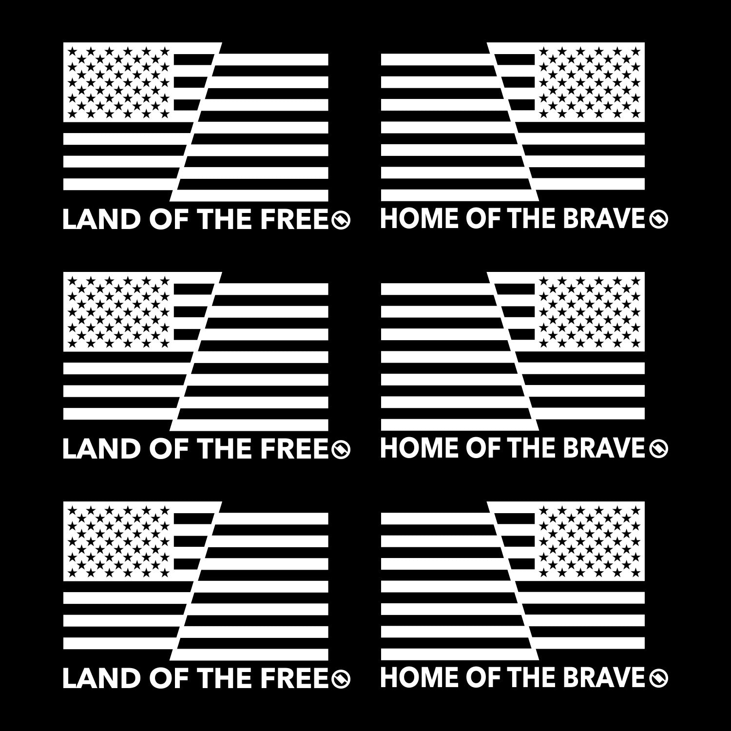 3 Pairs of white American flag decals with 'Land of the Free' and 'Home of the Brave' text.