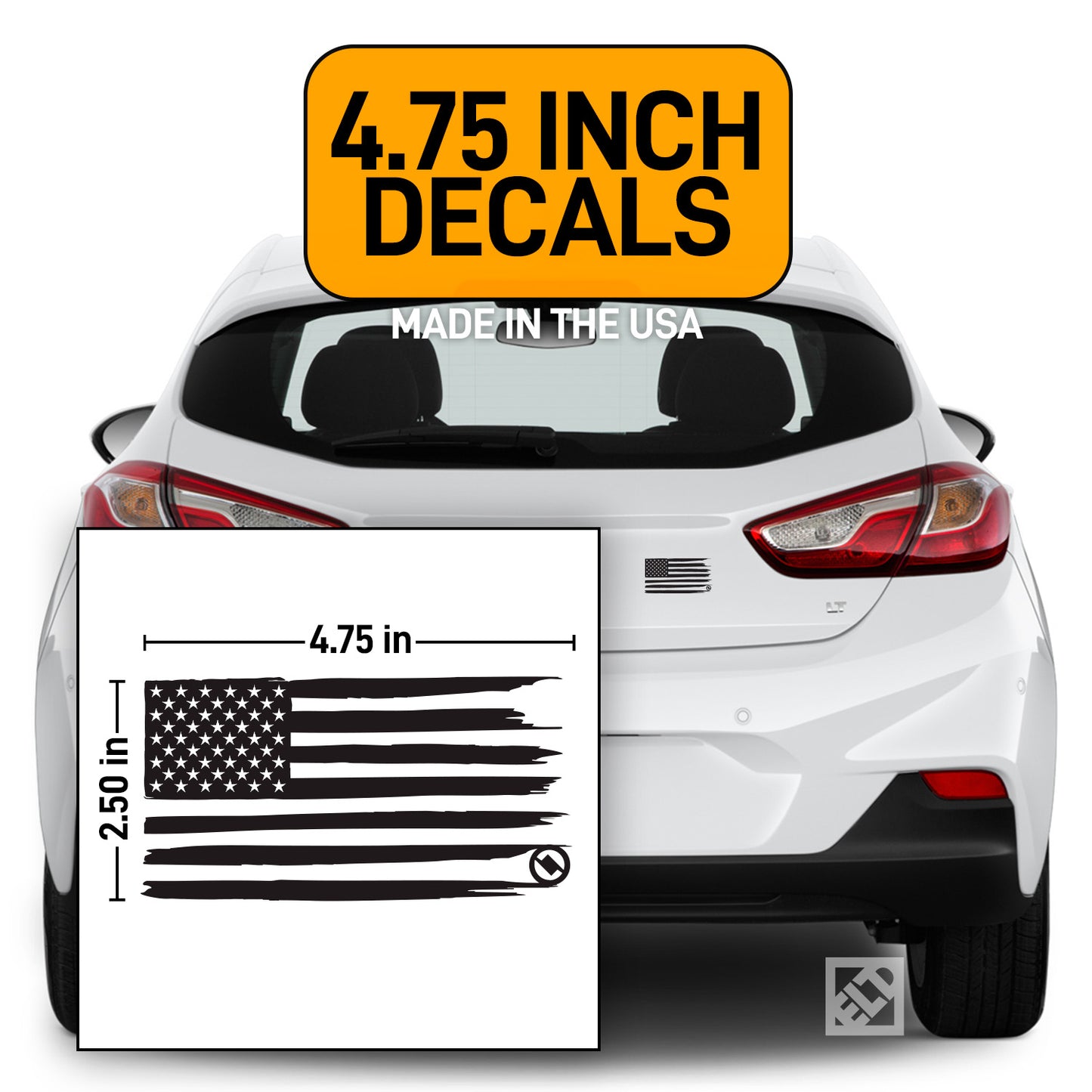 White car with black Distressed American flag decal and measurement label on a white background