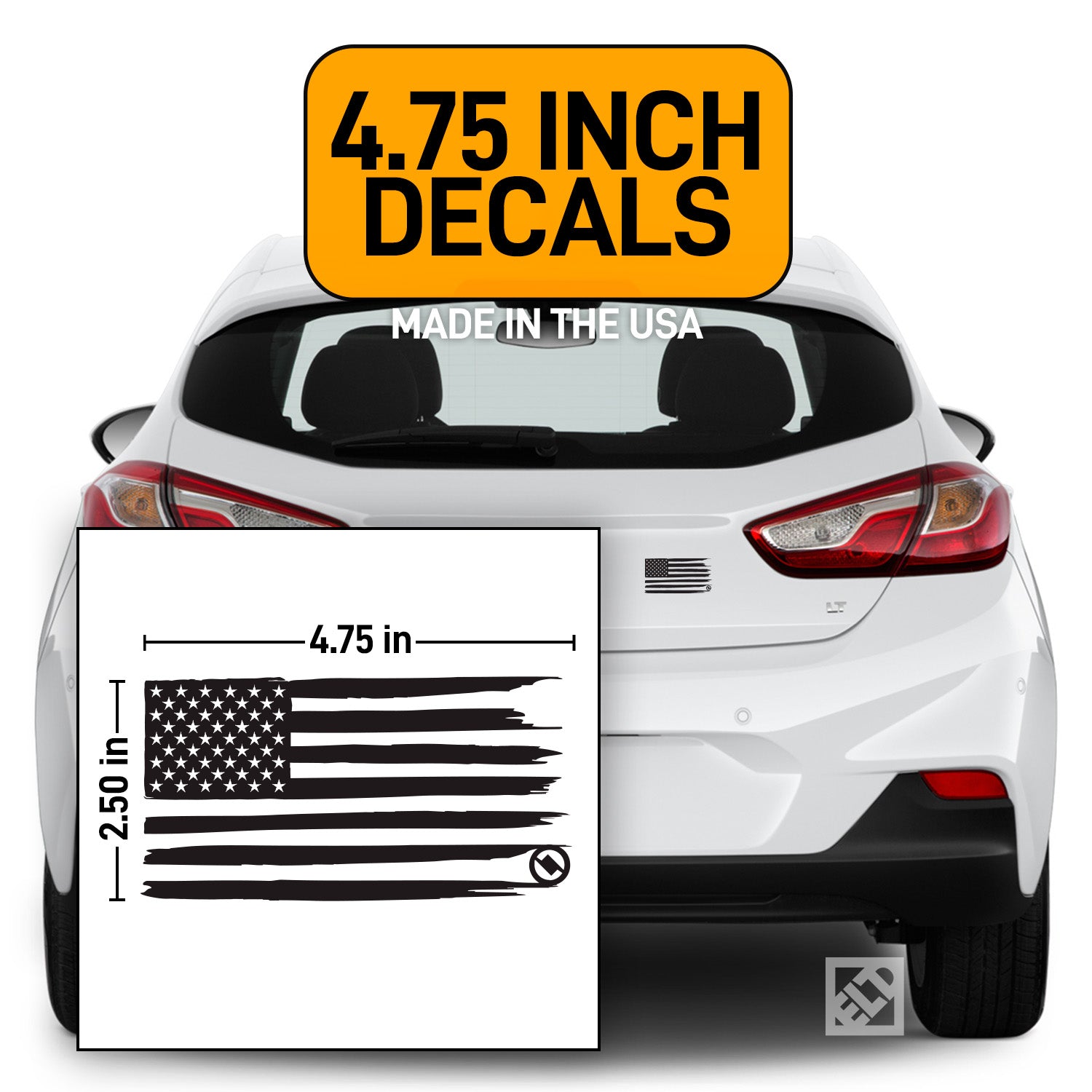 White car with black Distressed American flag decal and measurement label on a white background