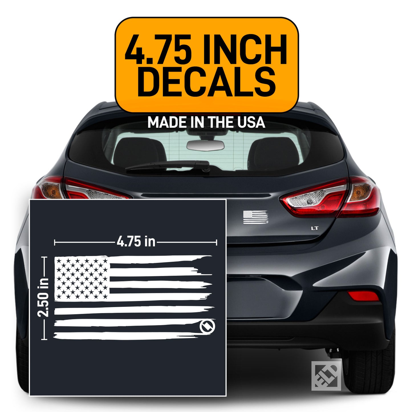Dark car with white Distressed American flag decal and text about decal size and origin