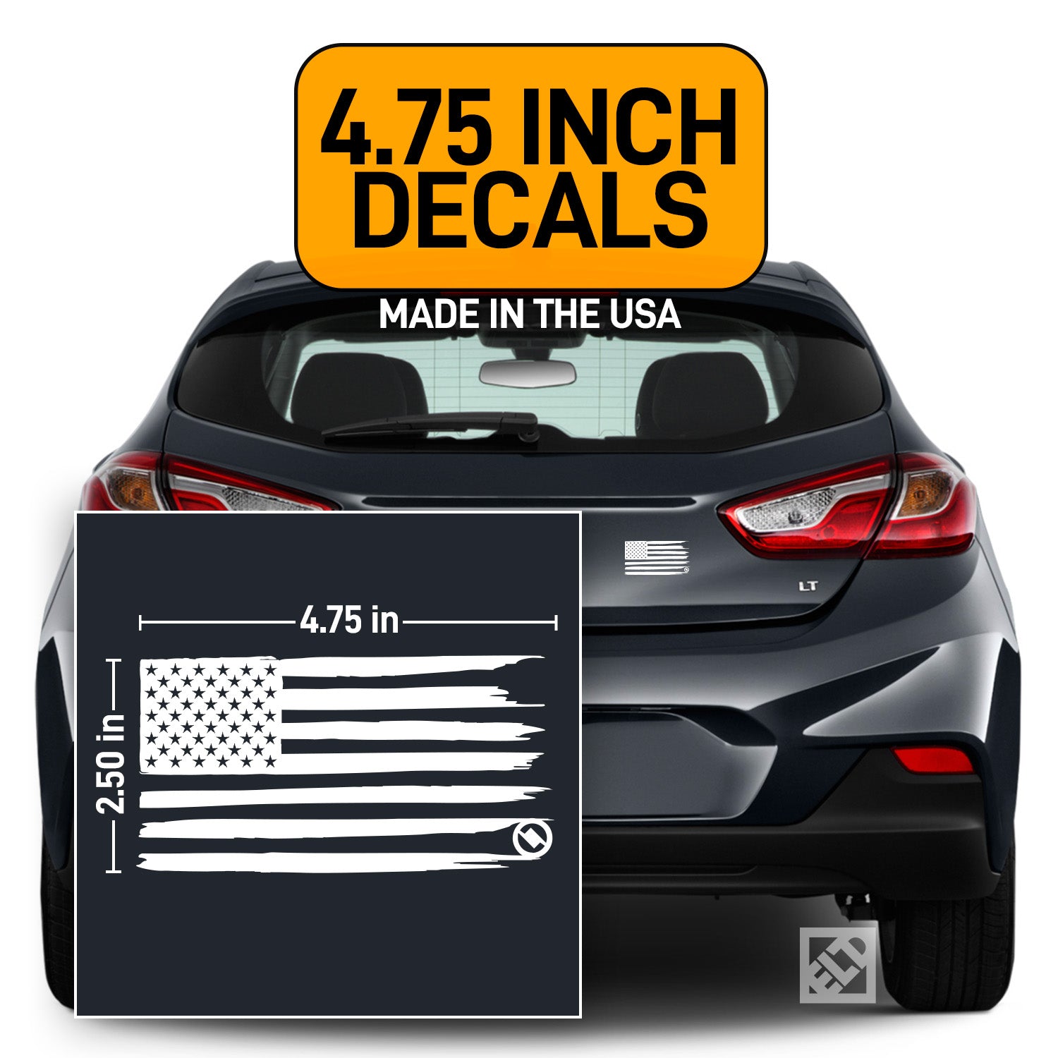 Dark car with white Distressed American flag decal and text about decal size and origin