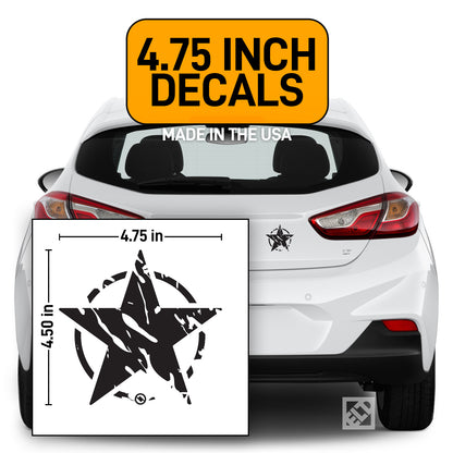 Car with a distressed star design decal and measurement chart on the back, with text indicating decal size and origin.
