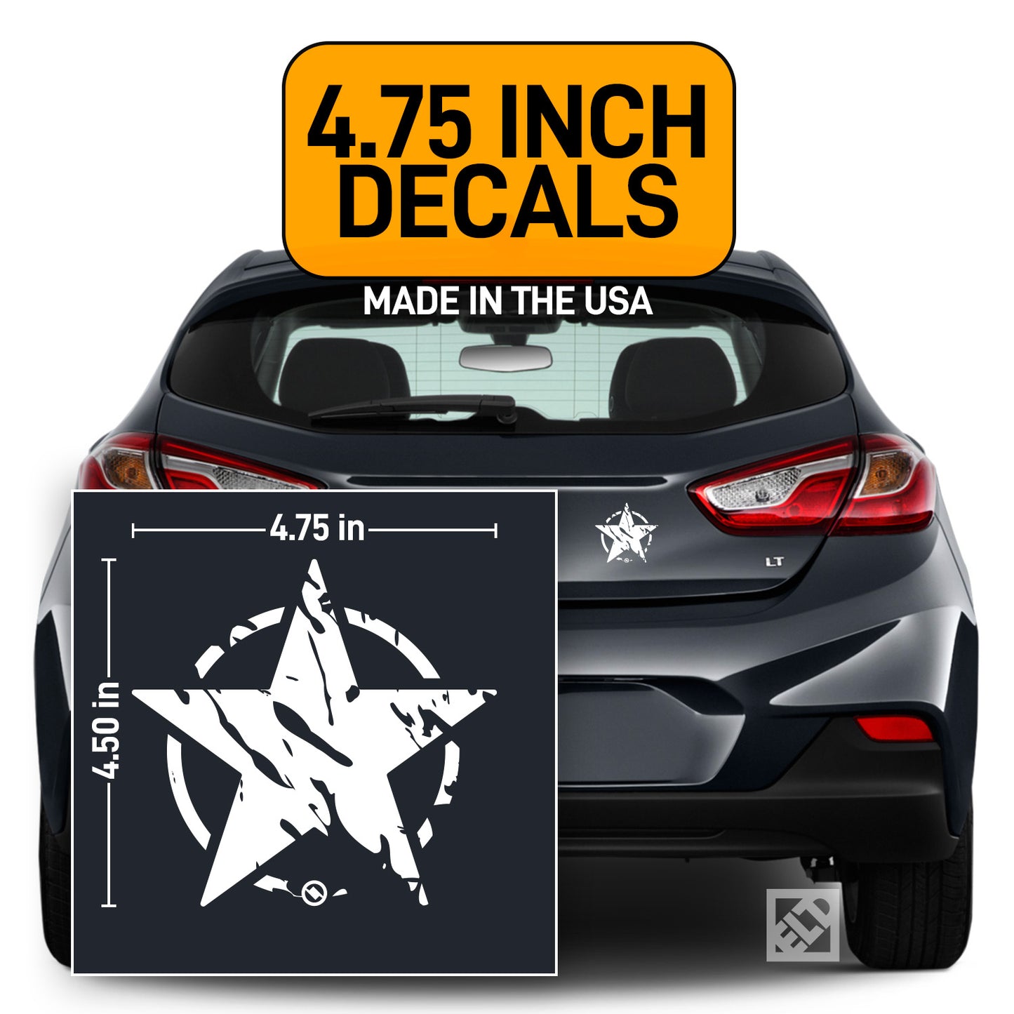 Car with a distressed star design decal and measurement details, made in the USA label.