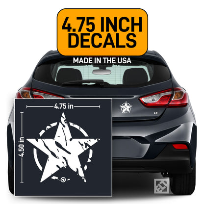 Car with a distressed star design decal and measurement details, made in the USA label.