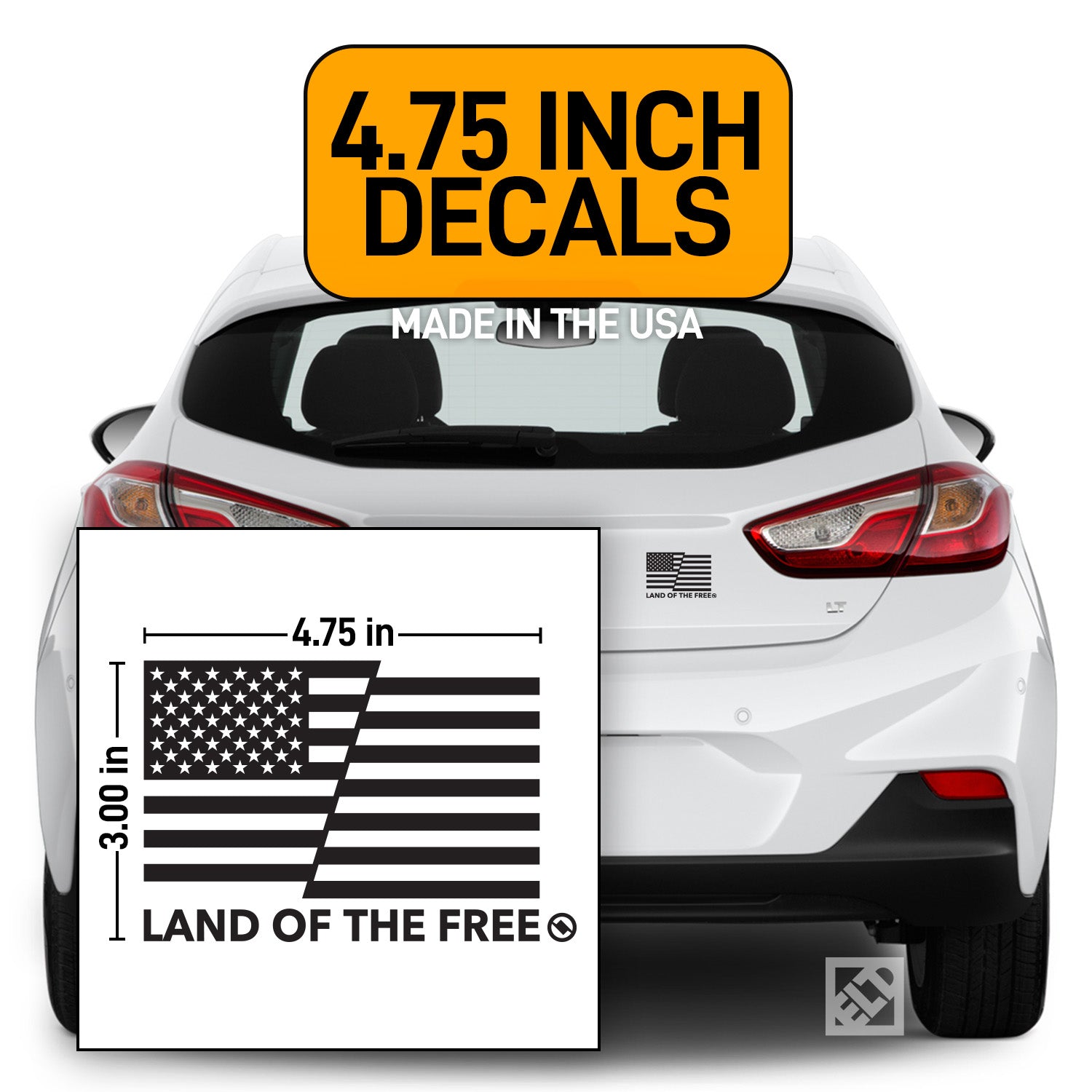 Land of the Free American flag black decals on a white car