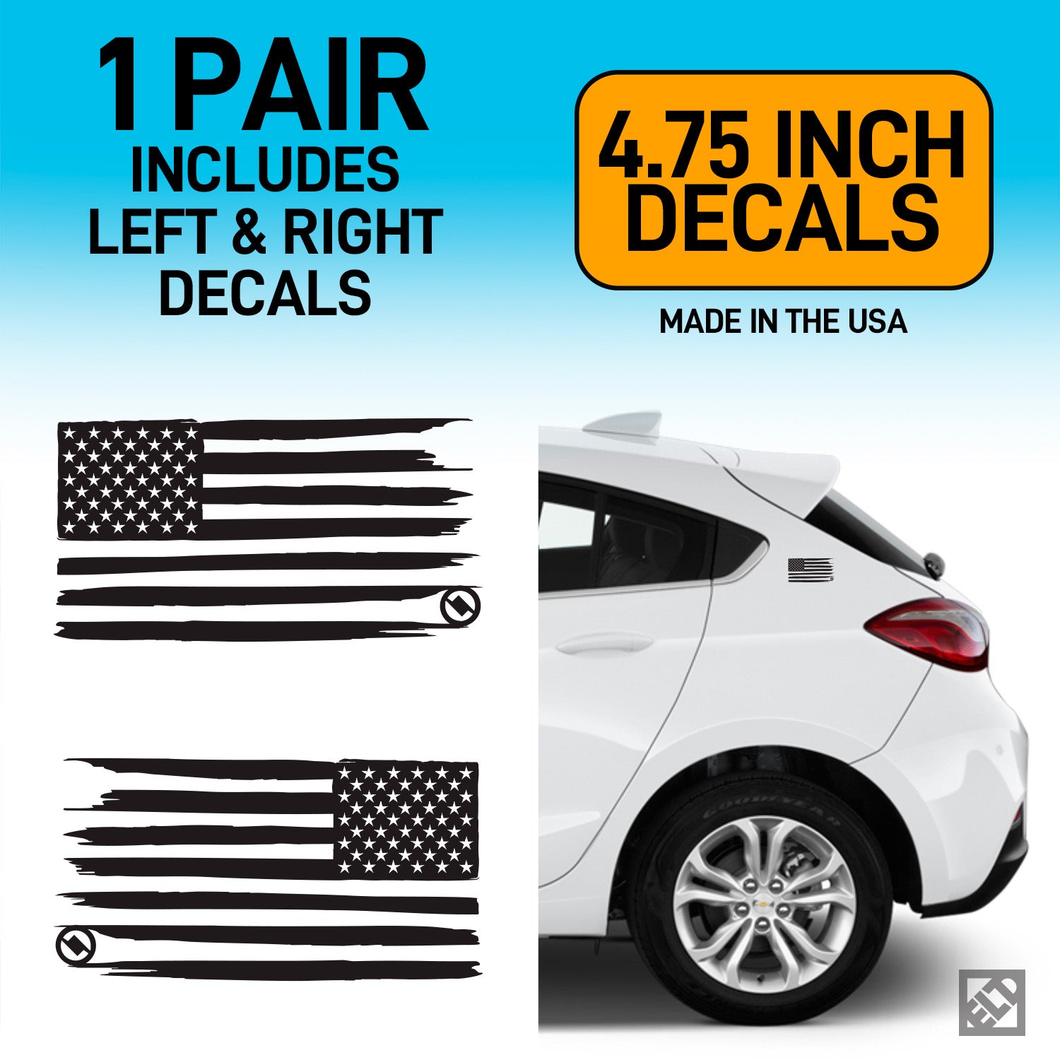Black distressed American flag decals with a white car and text about size and origin on a blue background