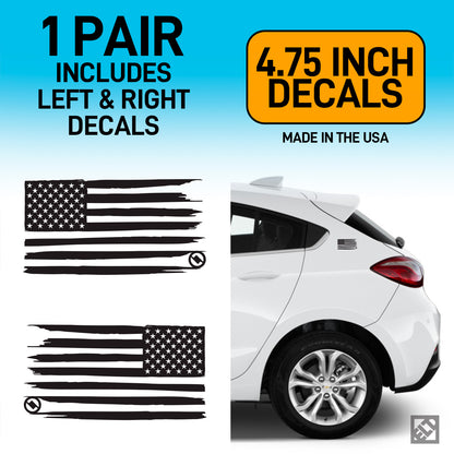 Black distressed American flag decals with a white car and text about size and origin on a blue background