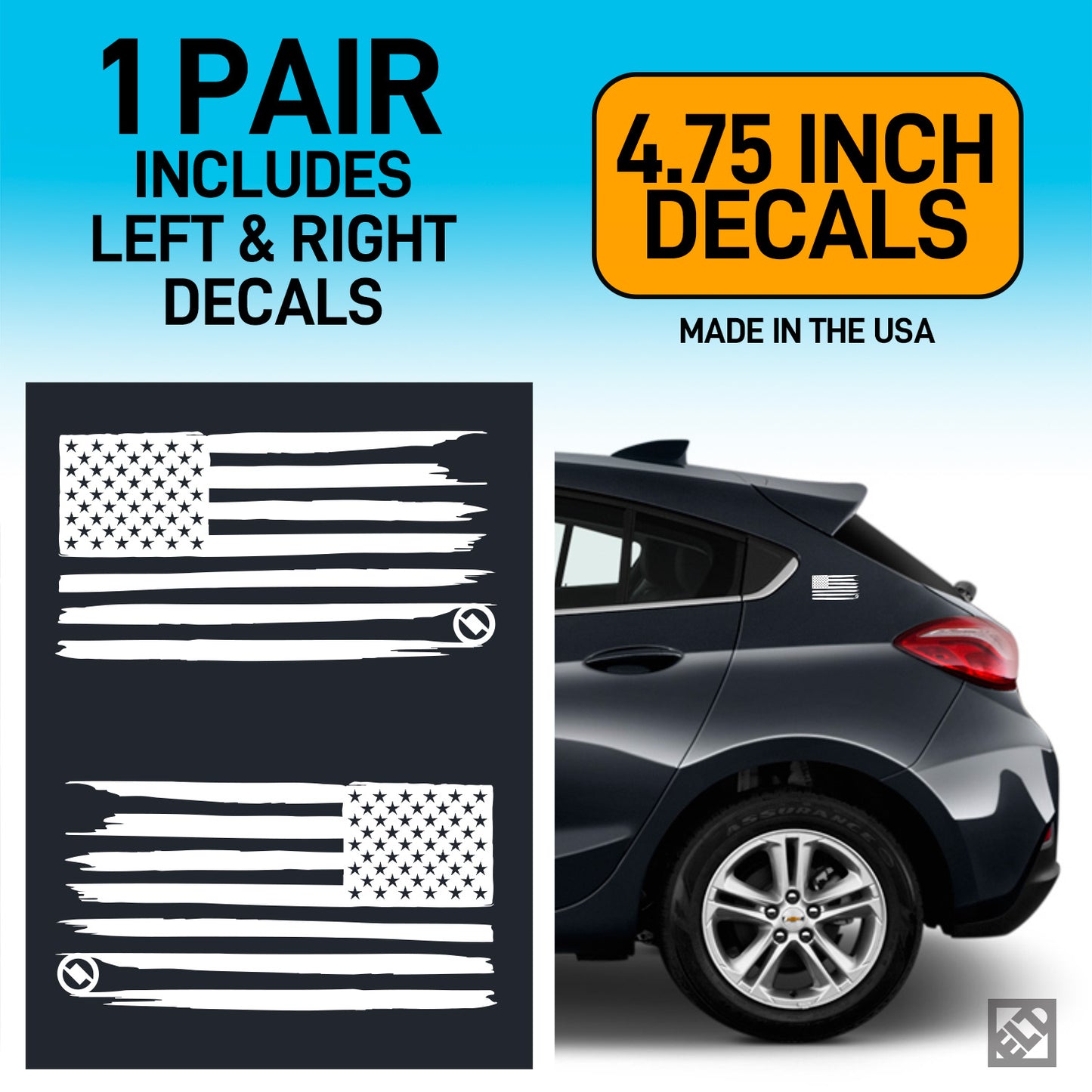 White Distressed American flag decals with dark car display on a blue background