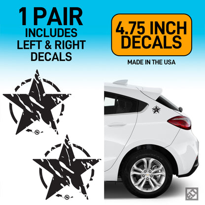 Distressed star design car decals with a white car and text about size and origin on a blue background