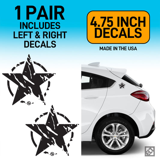 Distressed star design car decals with a white car and text about size and origin on a blue background