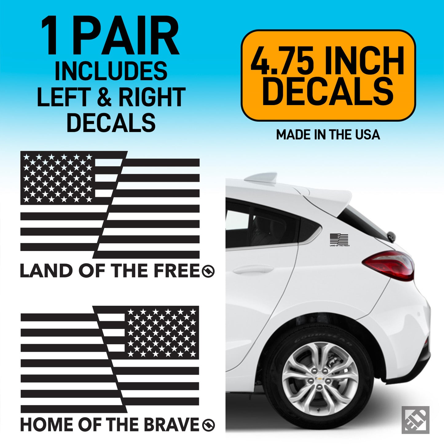 Land of the Free and Home of the Brave American flag black decals on a white car