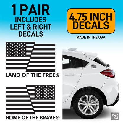 Land of the Free and Home of the Brave American flag black decals on a white car