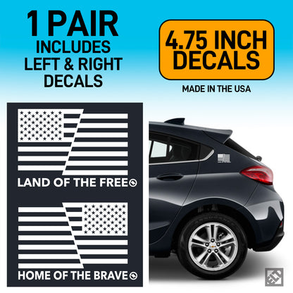 Land of the Free and Home of the Brave American flag white decals on a dark gray car