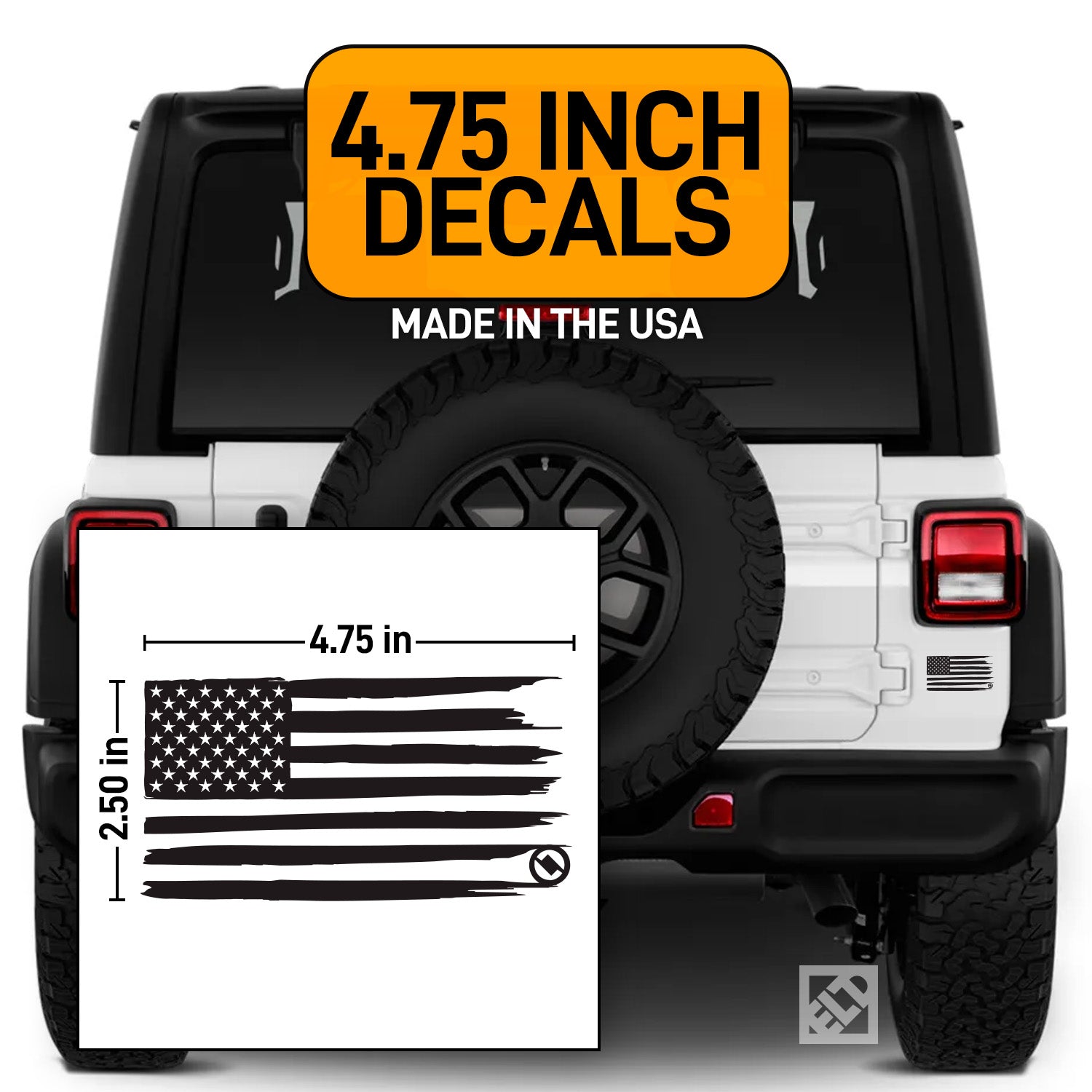 White Jeep with black Distressed American flag decal and measurement label, made in the USA.