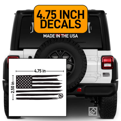 White Jeep with black Distressed American flag decal and measurement label, made in the USA.