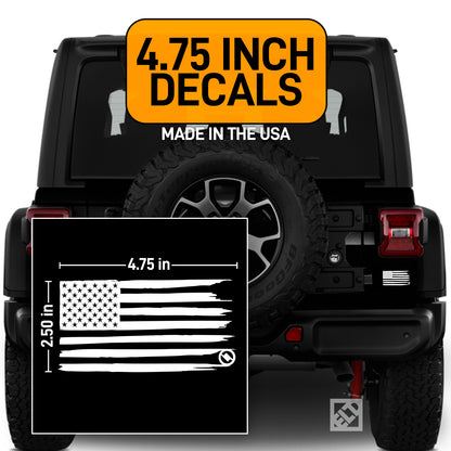 Black Jeep with white Distressed American flag decal and text about 4.75 inch decals made in the USA.