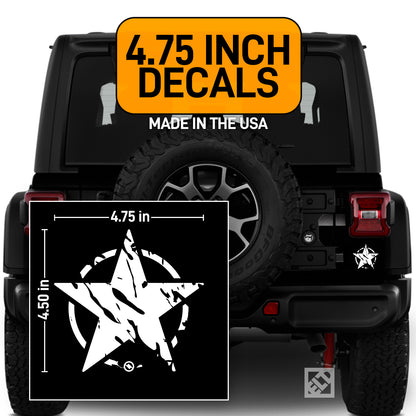 Distressed star design decal on a Black Jeep with 4.75 inch decals displayed, made in the USA.
