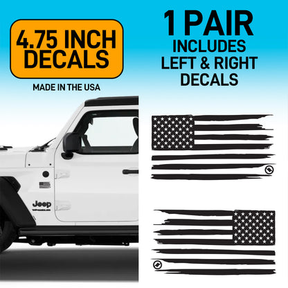Black Distressed American flag decals on a white Jeep with product details on a blue background