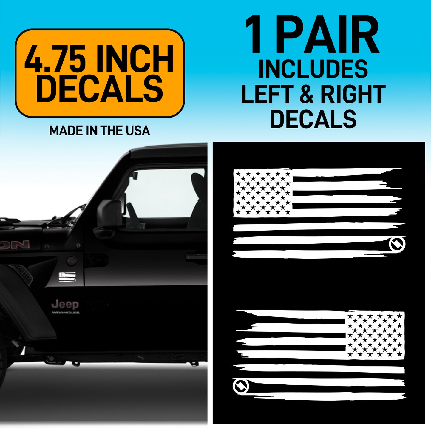 White Distressed American flag decals on a black Jeep with product details on a blue background