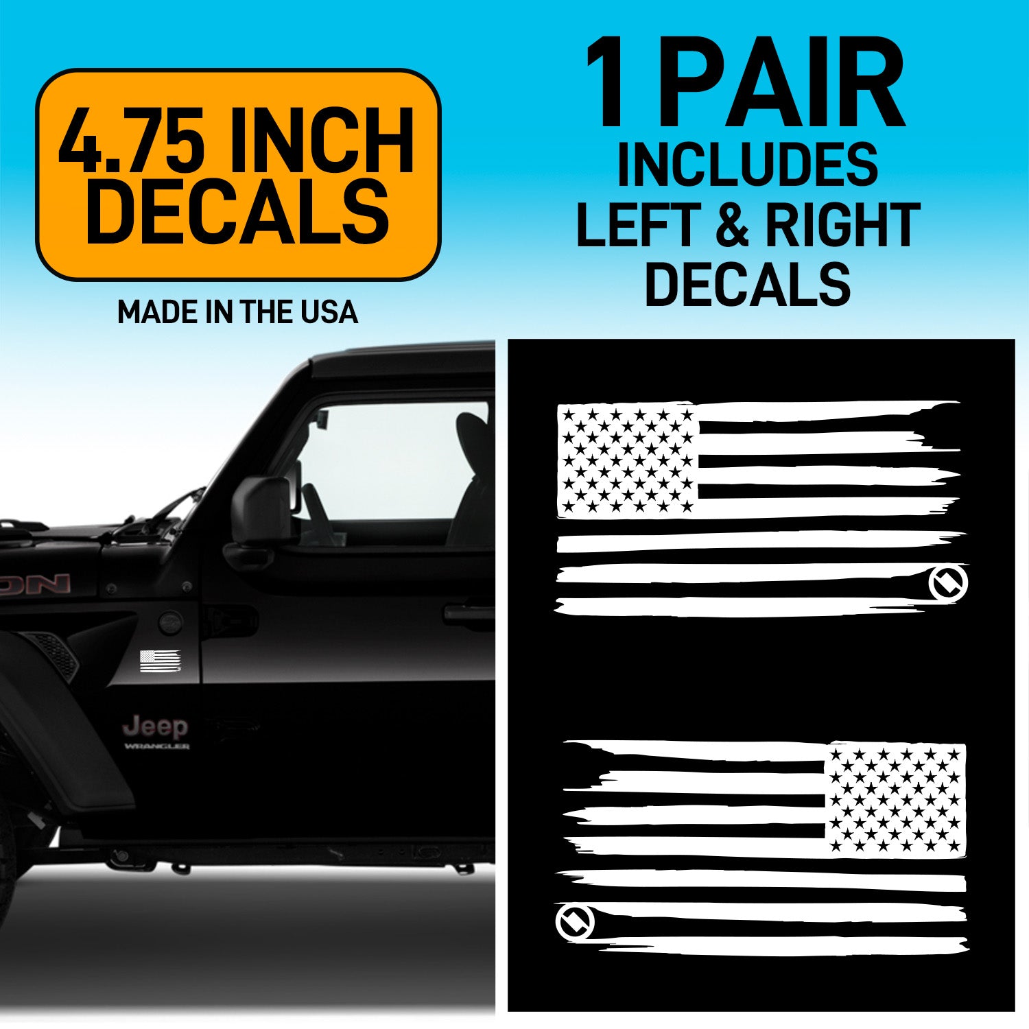 White Distressed American flag decals on a black Jeep with product details on a blue background