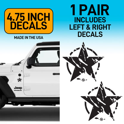 Distressed star design decals on a white Jeep with text about decal size and inclusion.