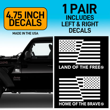 Land of the Free and Home of the Brave American flag white decals on a black Jeep