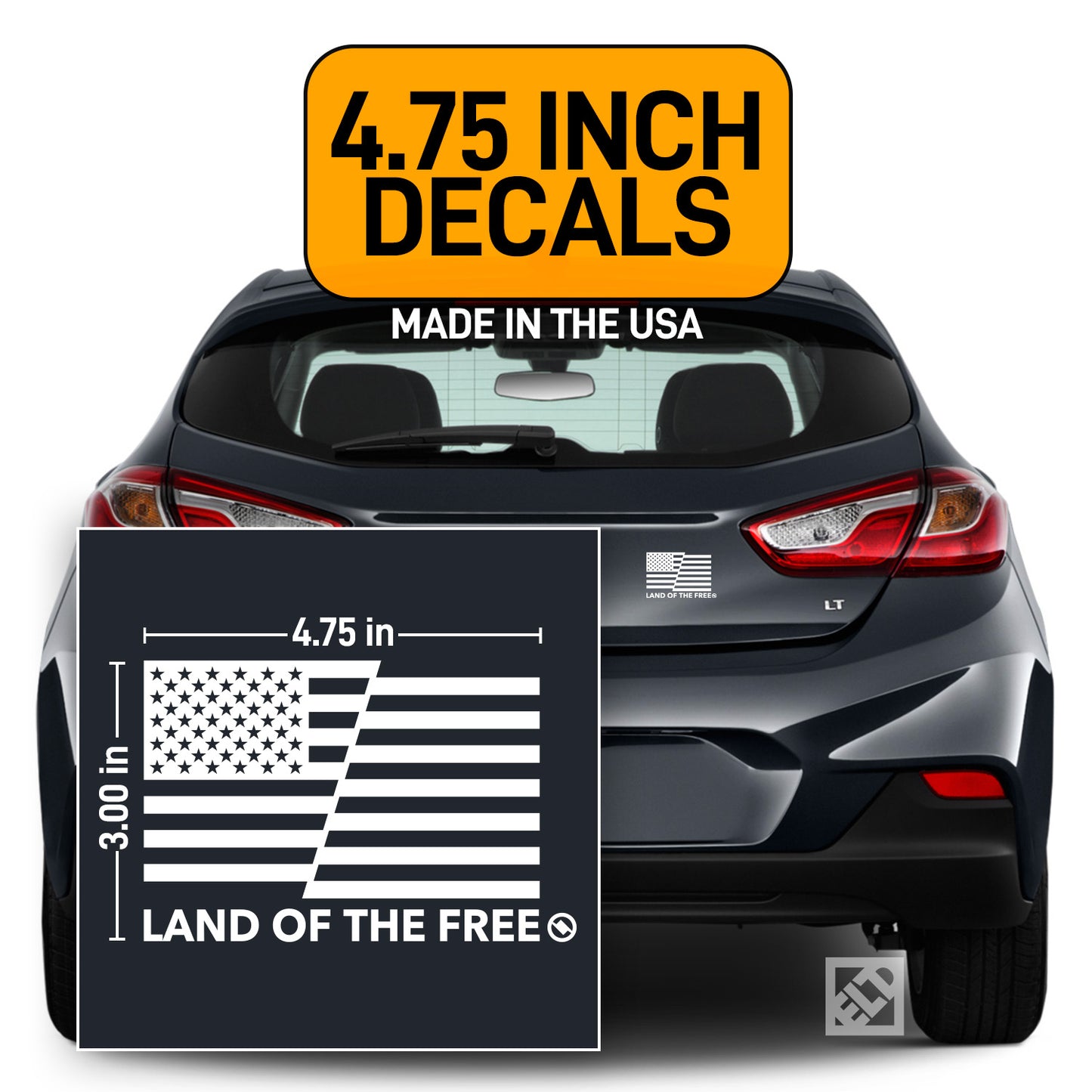 Land of the Free American flag white decals on a dark gray car