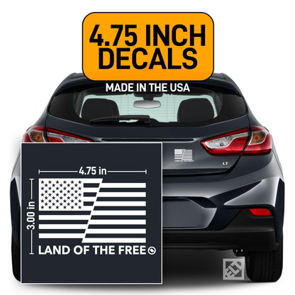Land of the Free American flag white decals on a dark gray car