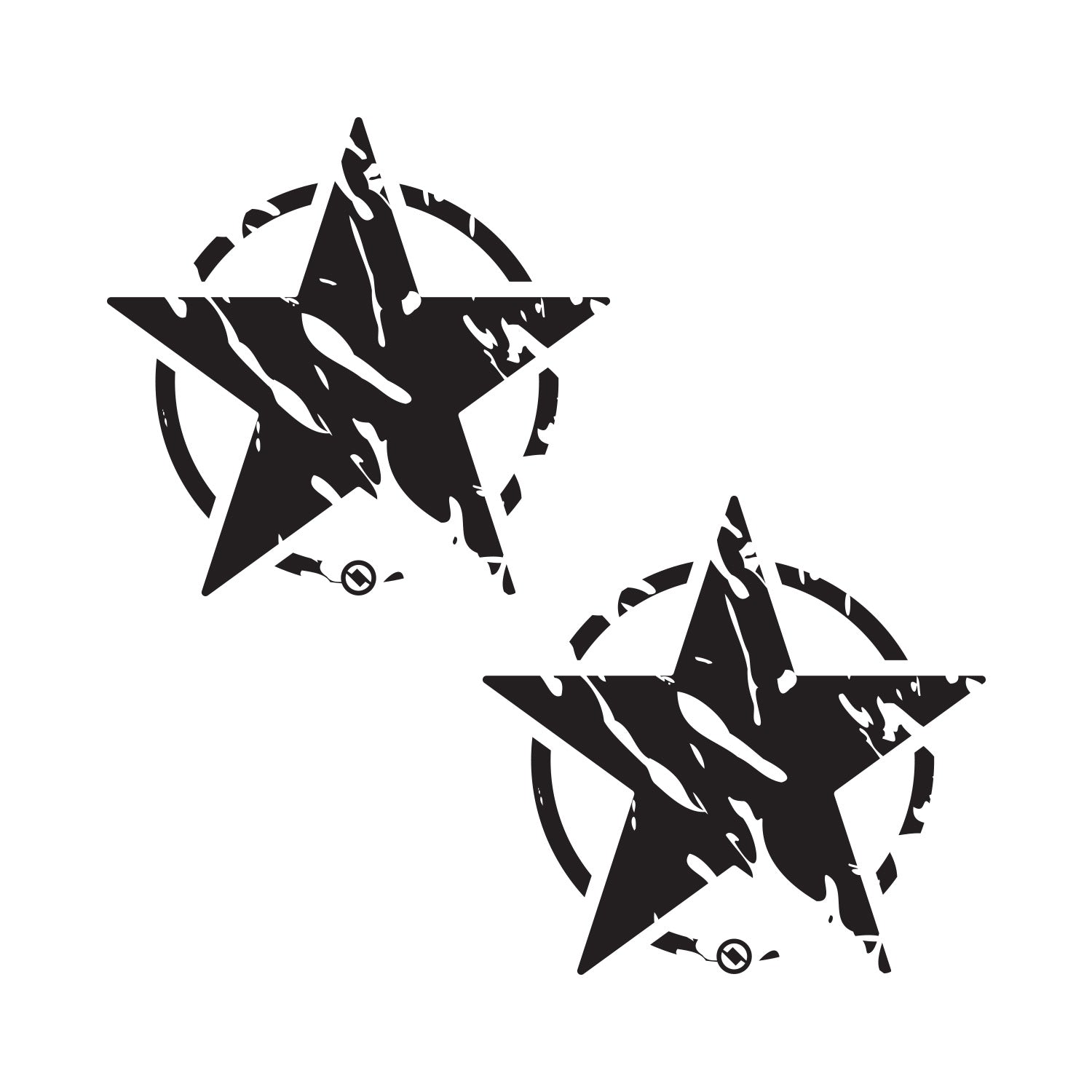 Two black distressed star designs with on a white background