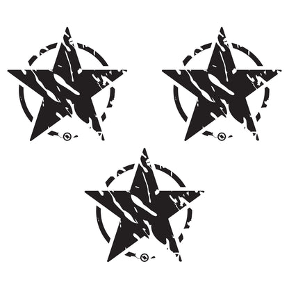 Three black distressed star designs with on a white background