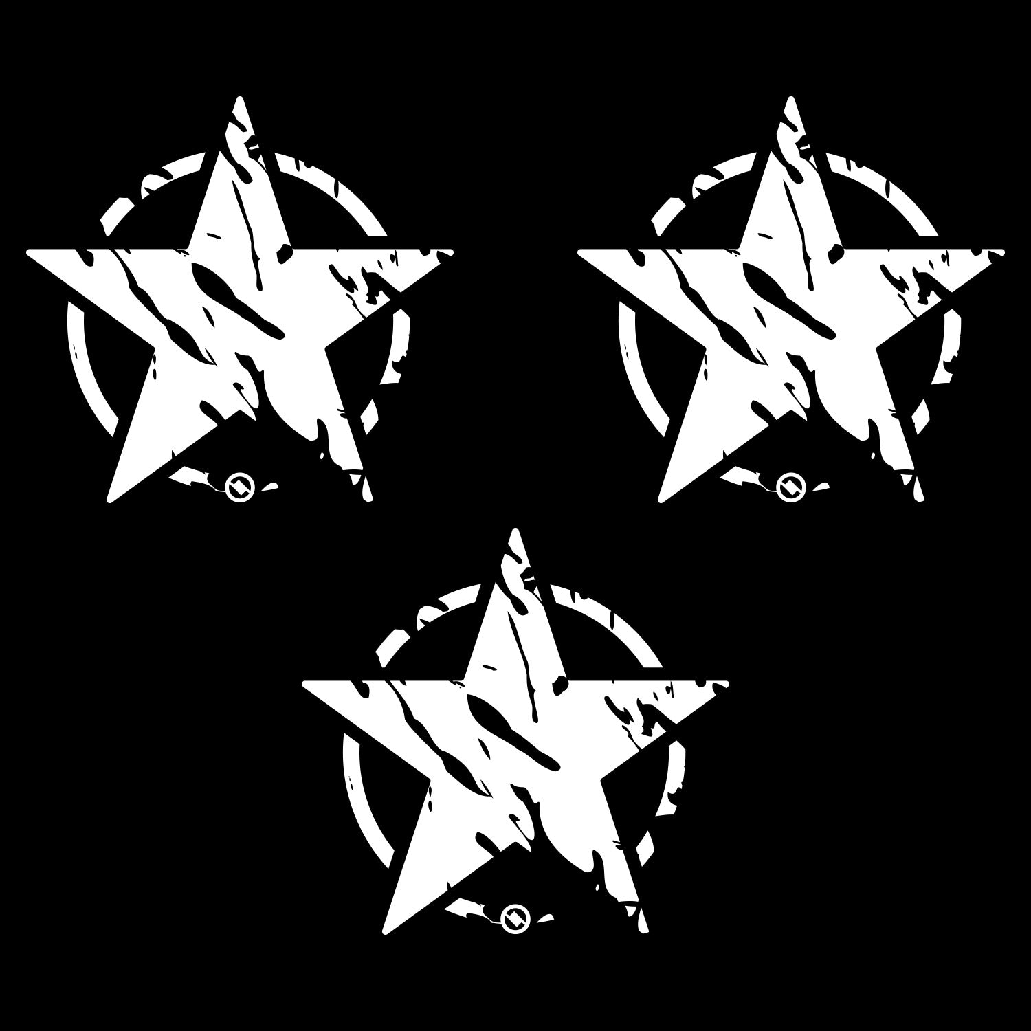 Three white distressed star designs with on a black background