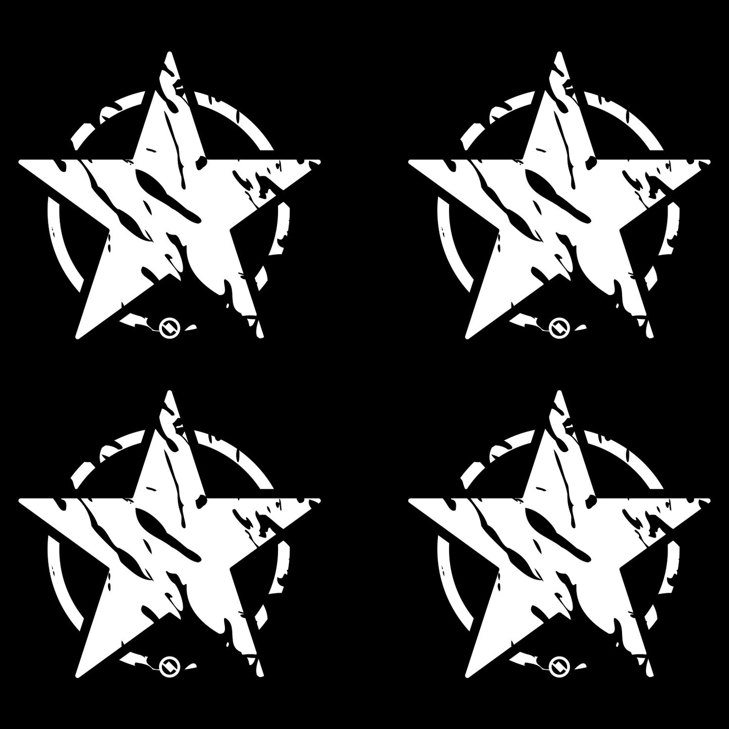 Four white distressed star designs with on a black background