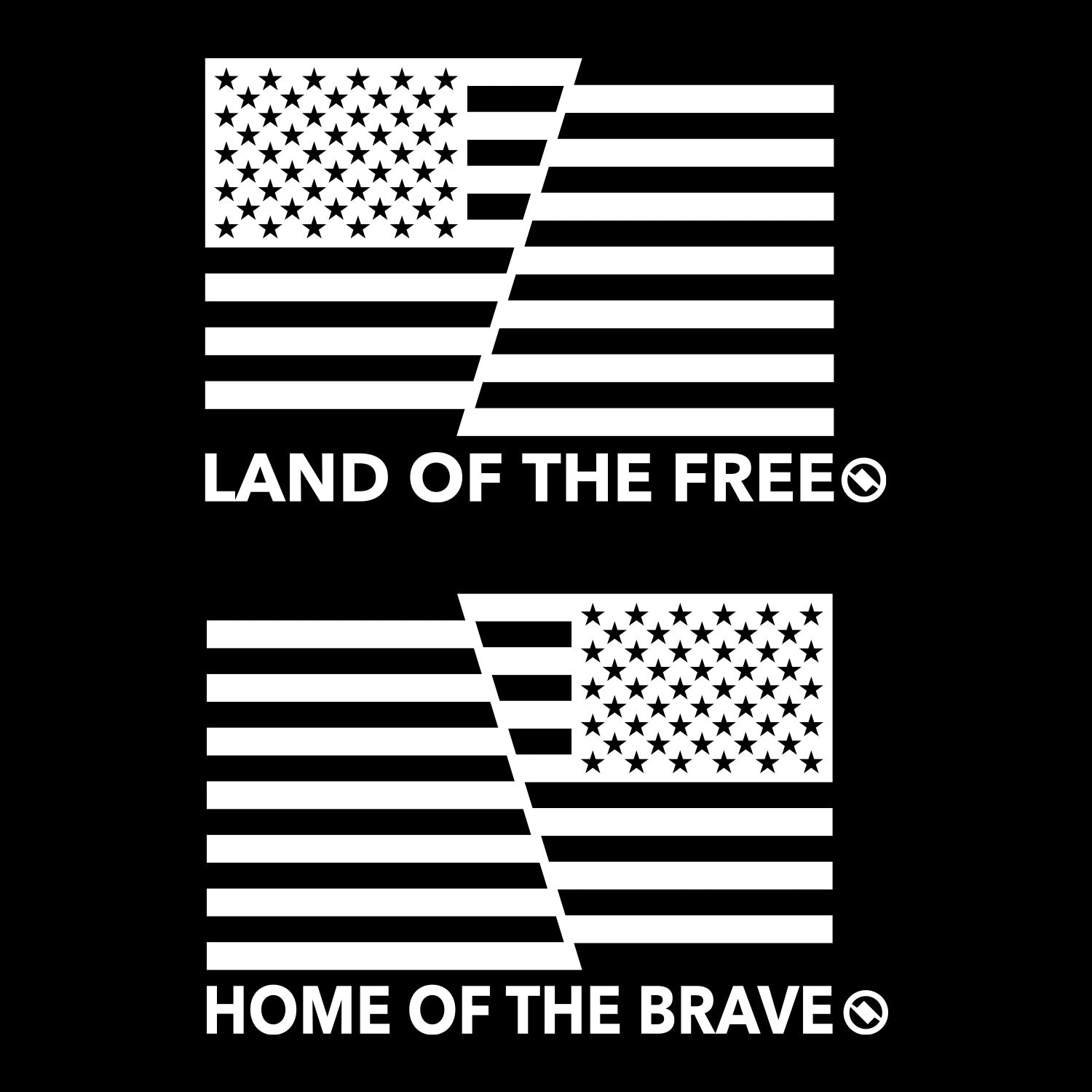1 Pair of white American flag decals with 'Land of the Free' and 'Home of the Brave' text.